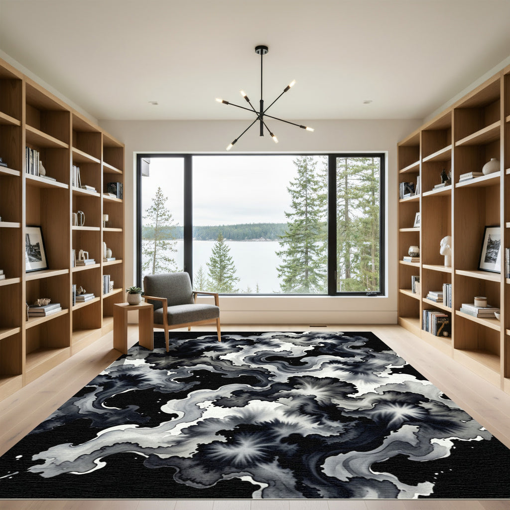 Monochromatic Abstract Fluid Ink Swirl Rug