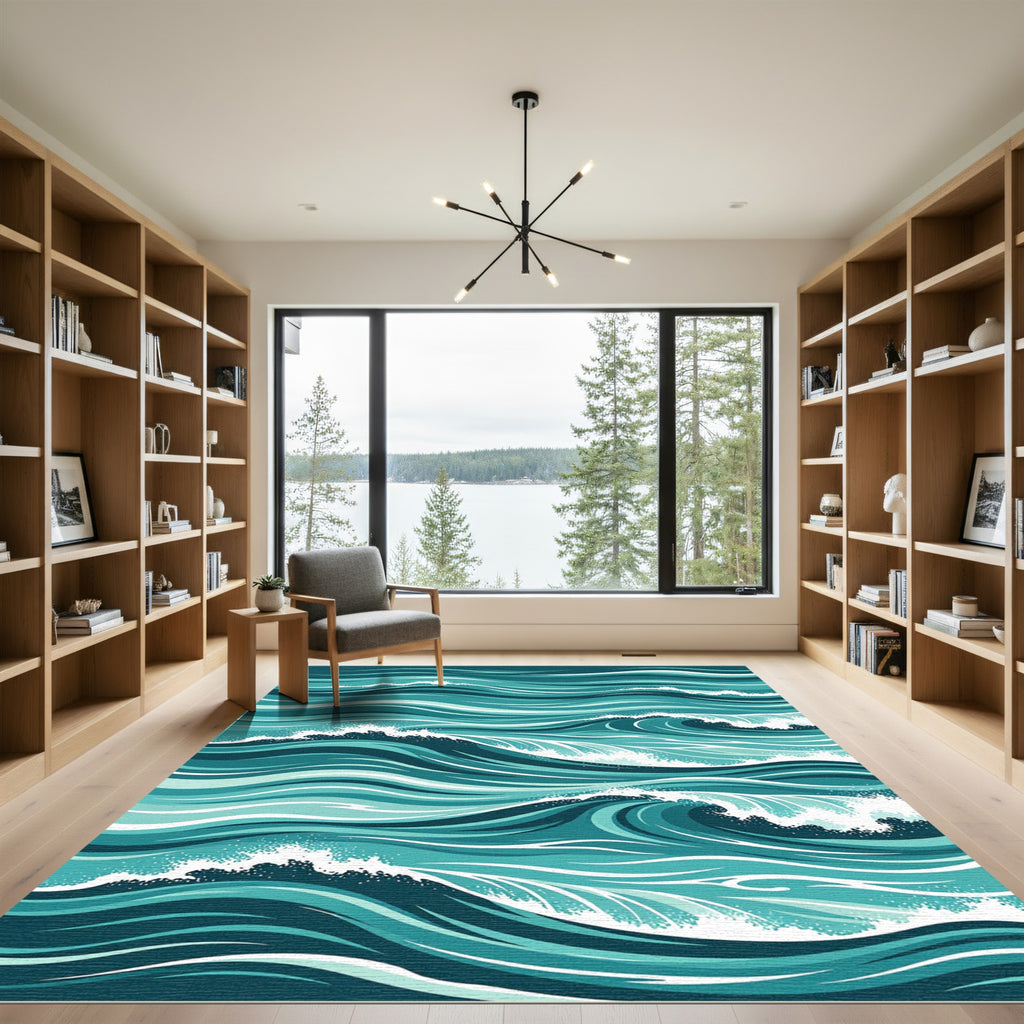 Abstract Teal Nautical Ocean Wave Rug