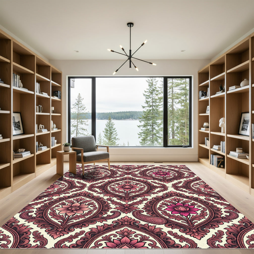 Crimson Paisley Floral Damask Tapestry Rug