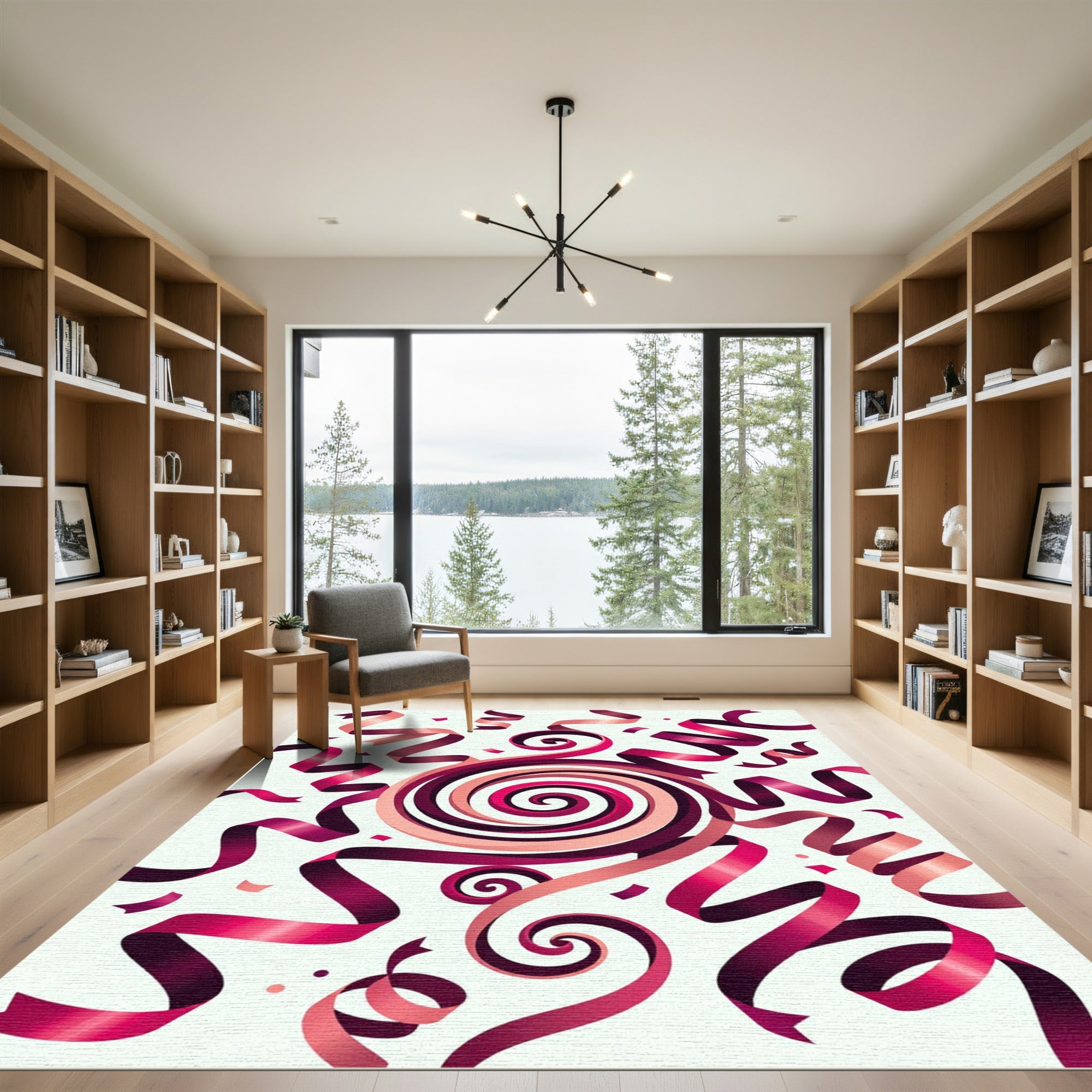 Vibrant Burgundy Swirling Ribbon Celebration Rug
