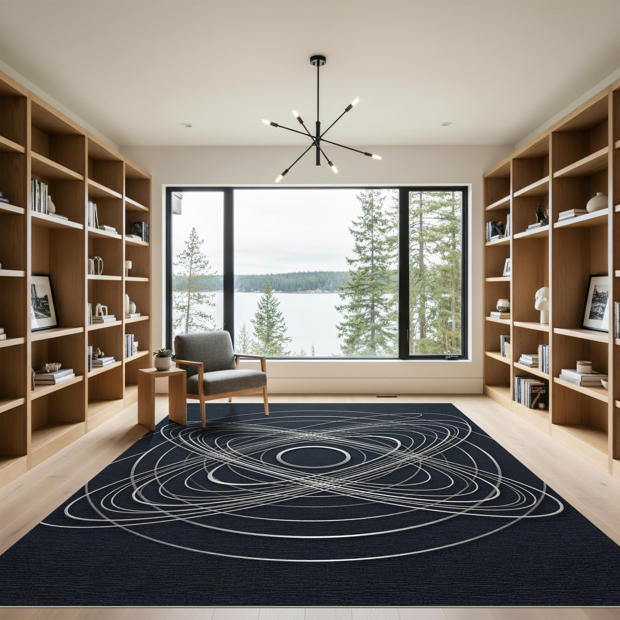 Silver Orbital Abstract Geometric Rug