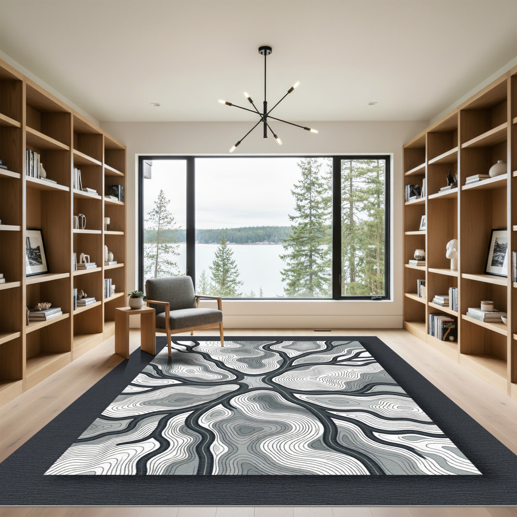 Monochrome Abstract Topographic Flowing Lines Rug