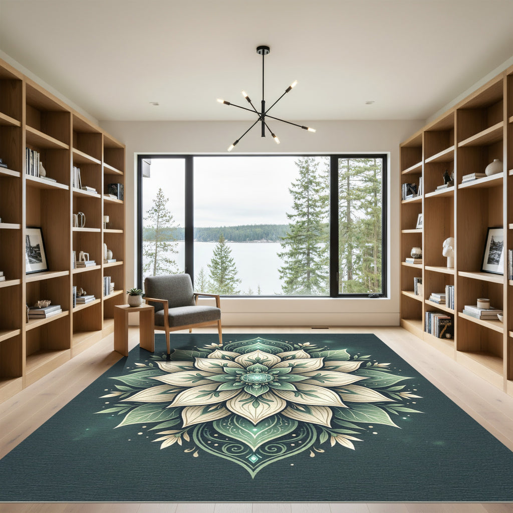 Ethereal Sage Teal Lotus Medallion Rug
