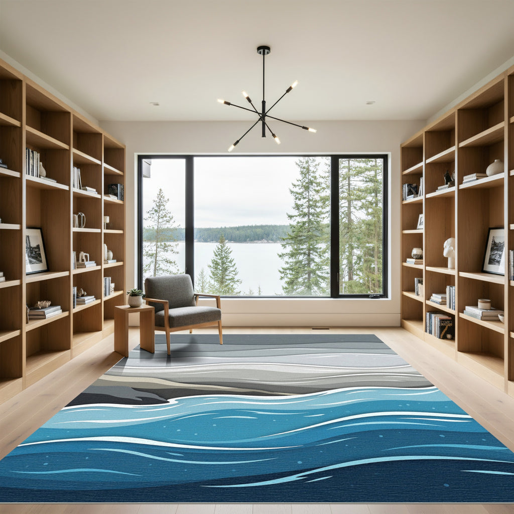 Minimalist Blue Monochrome Ocean Wave Rug