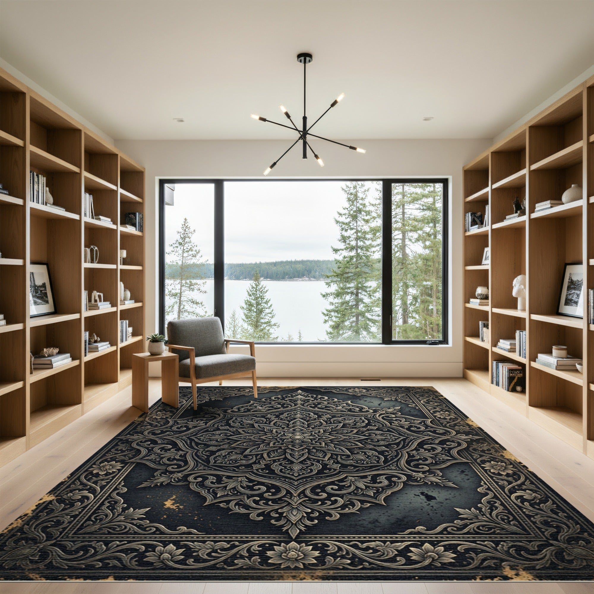 Ornate Charcoal Silver Floral Damask Rug