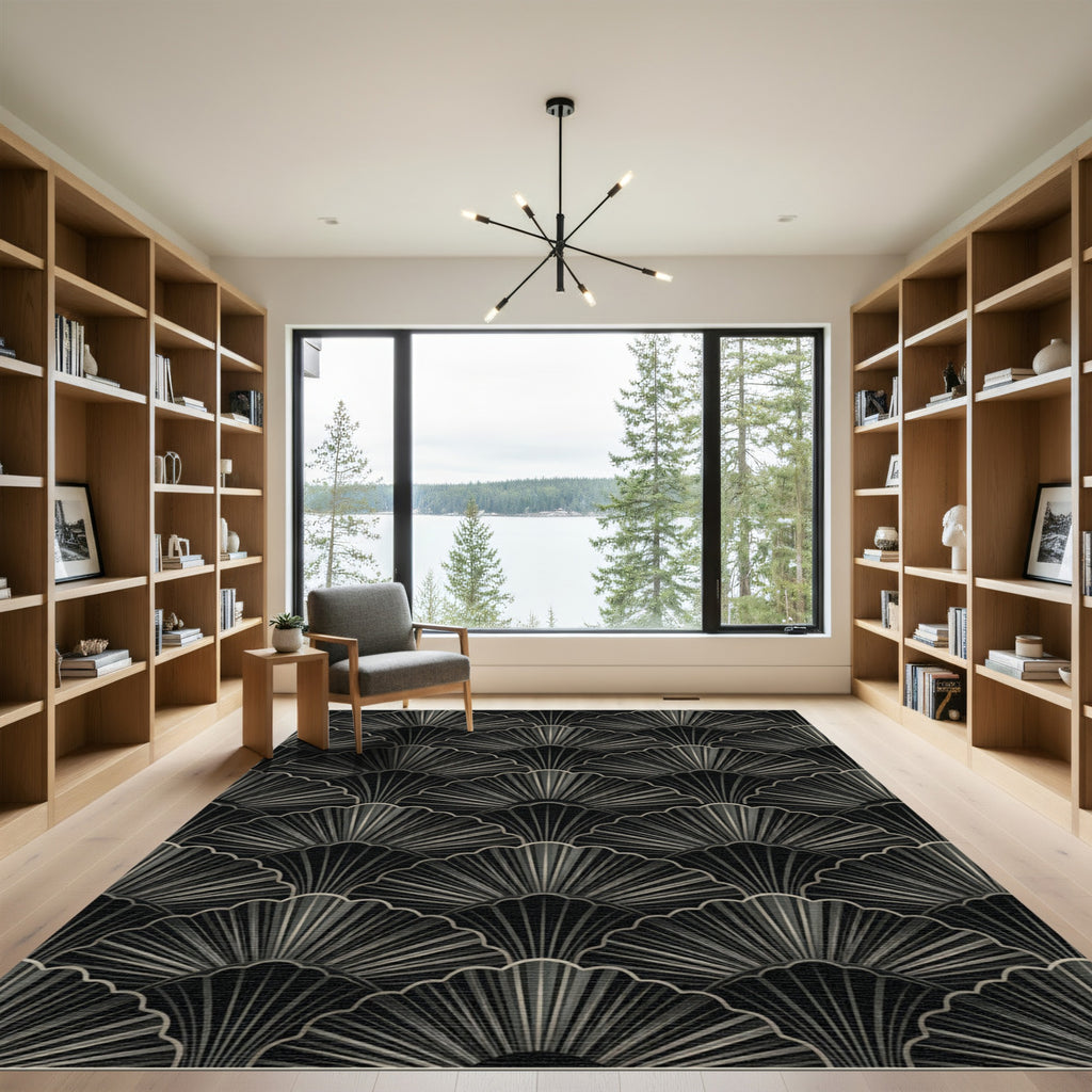 Art Deco Black Fan Shell Arrangement Rug