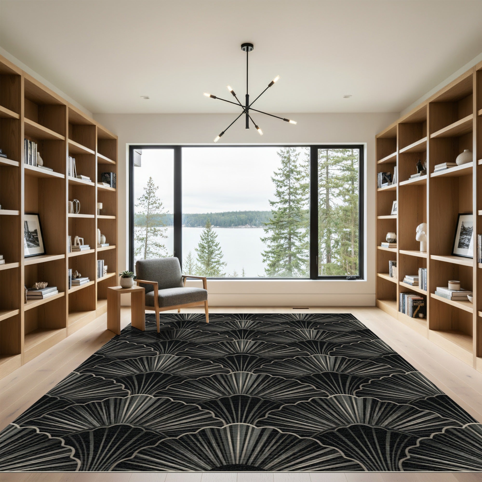 Art Deco Black Fan Shell Arrangement Rug