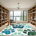 Green Teal Paw Print Botanical Composition Rug