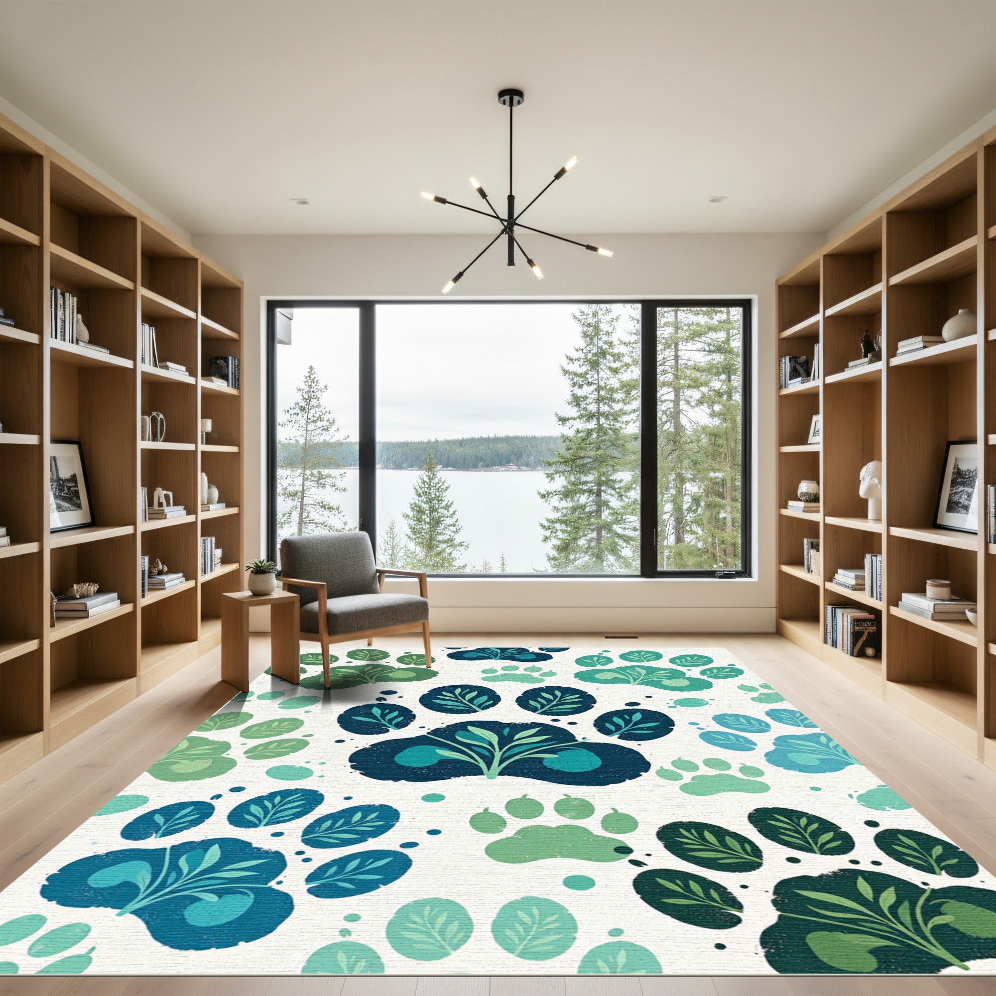 Green Teal Paw Print Botanical Composition Rug