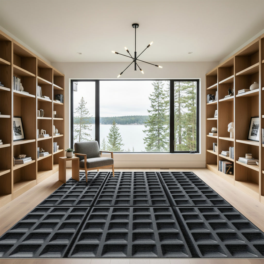 Minimalist Charcoal Structured Grid Square Rug