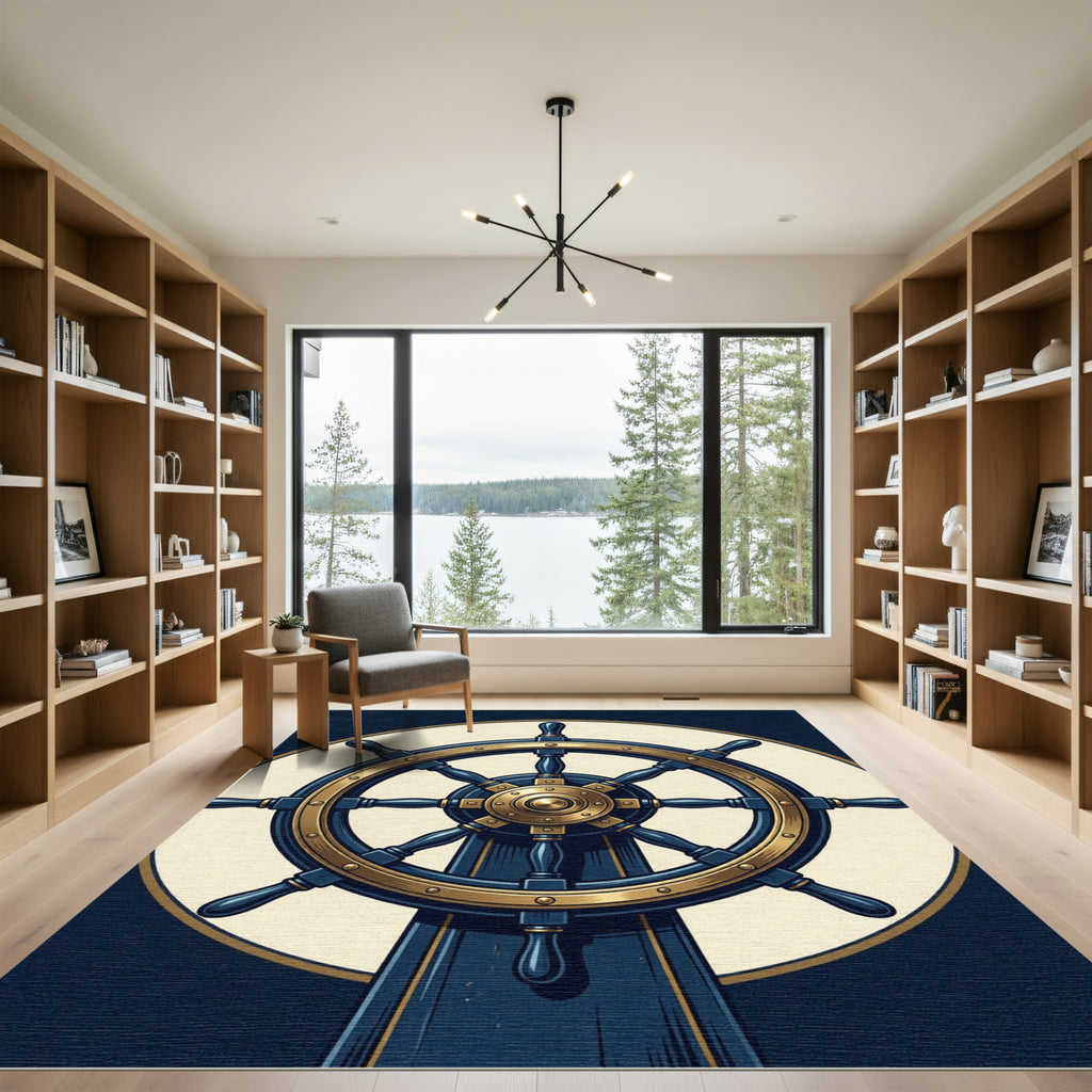 Classic Navy Gold Ship Wheel Rug