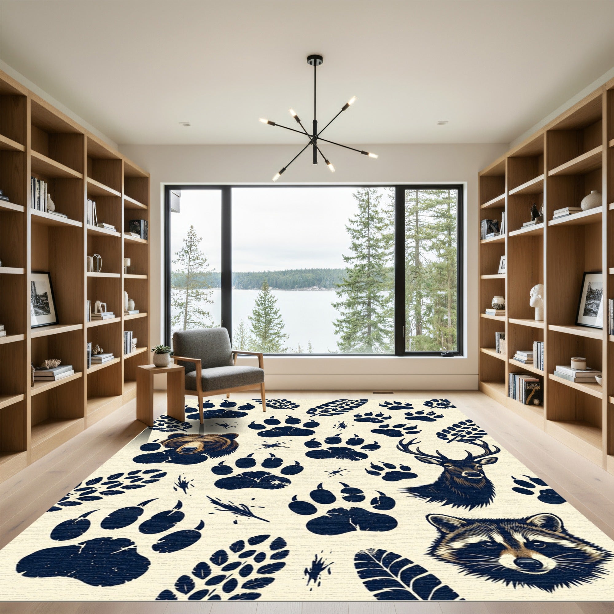 Wildlife Forest Animal Tracks Cream Artwork Rug