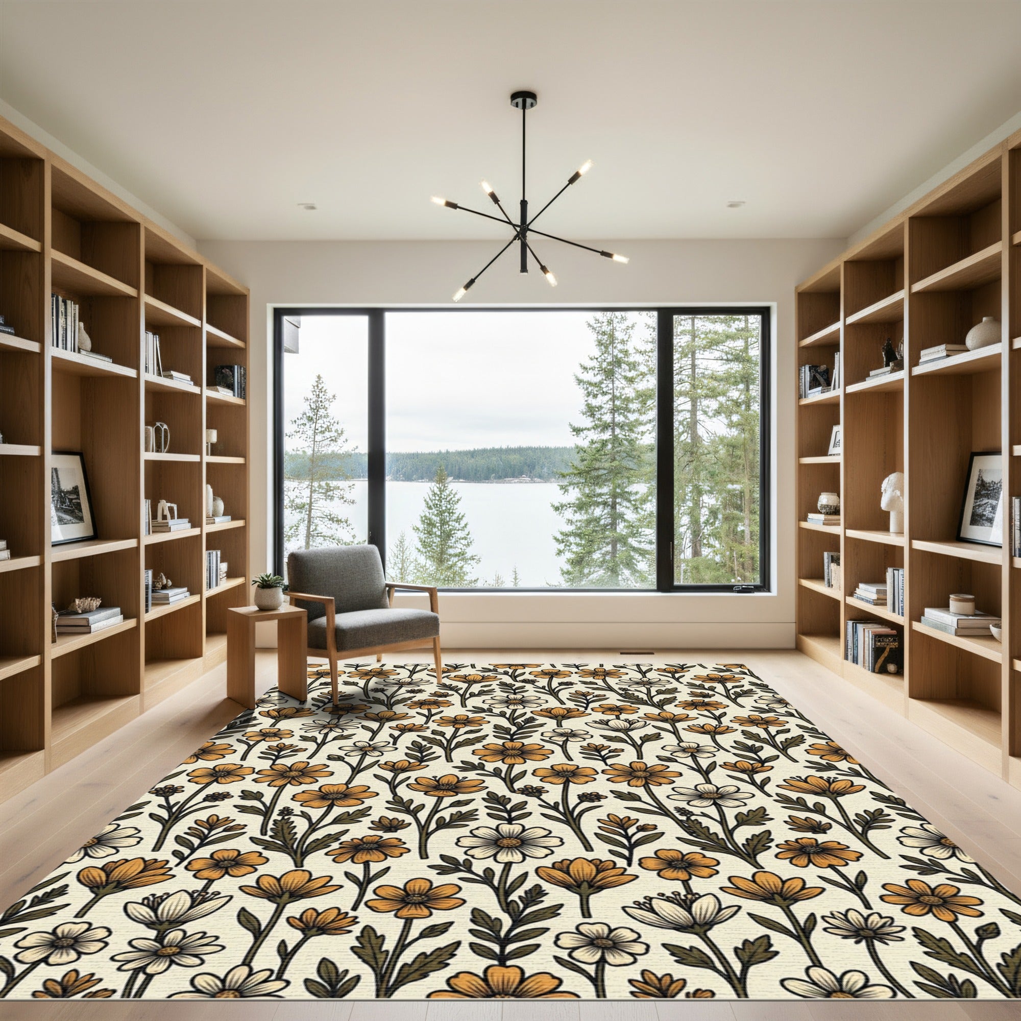 Golden Ochre Floral Garden Rug