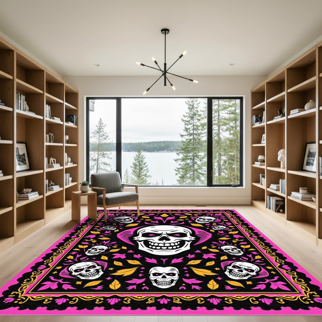Vibrant Pink Skull Floral Border Rug