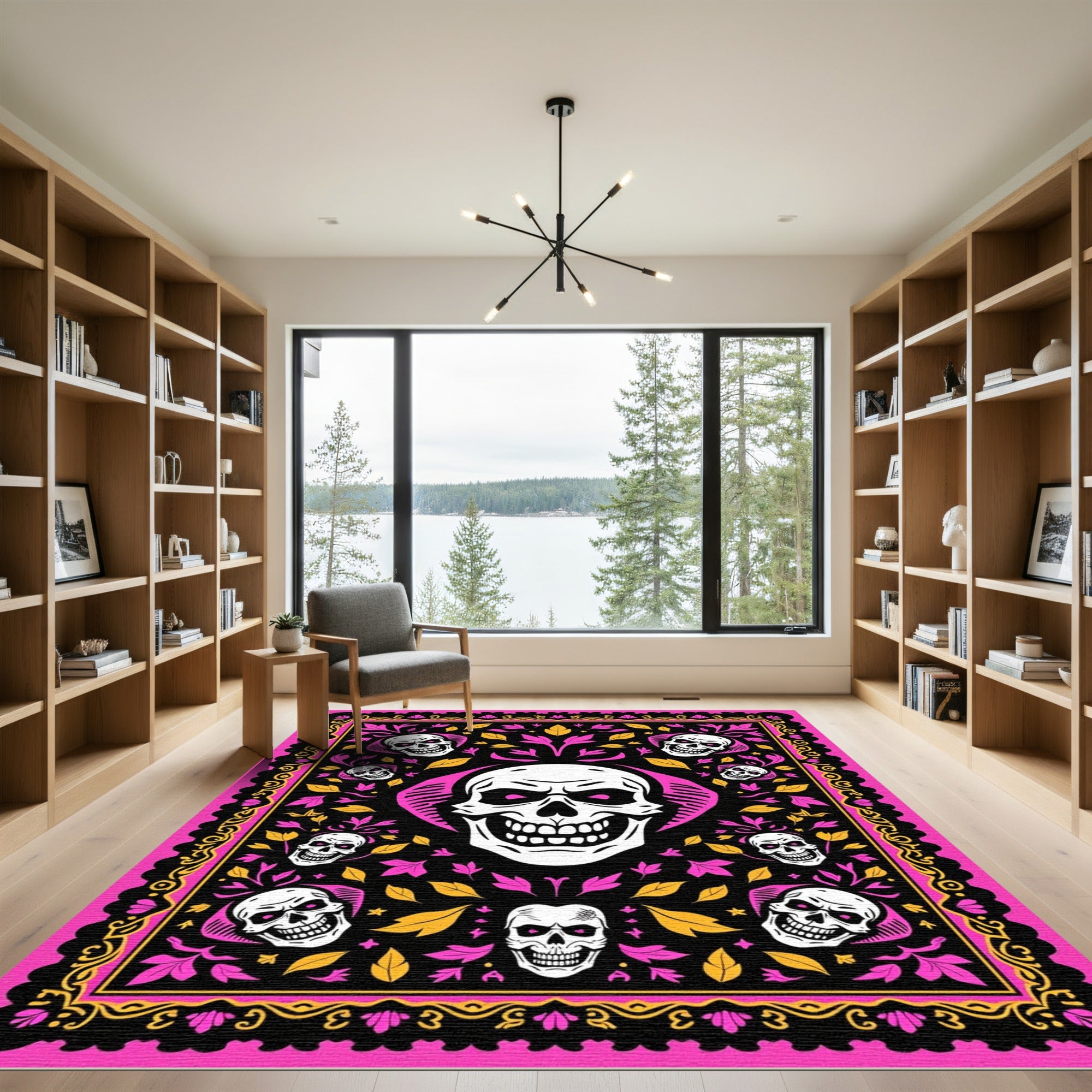 Vibrant Pink Skull Floral Border Rug