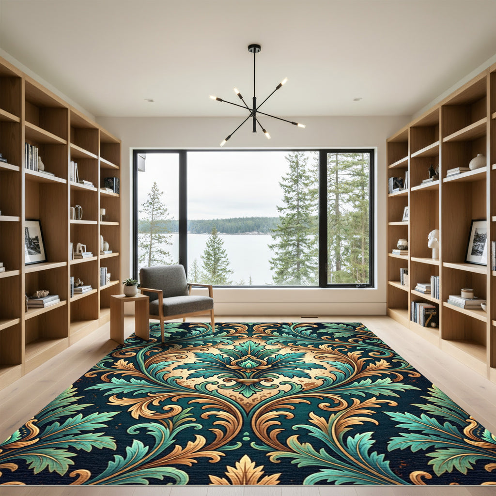 Ornate Teal Gold Acanthus Scroll Rug