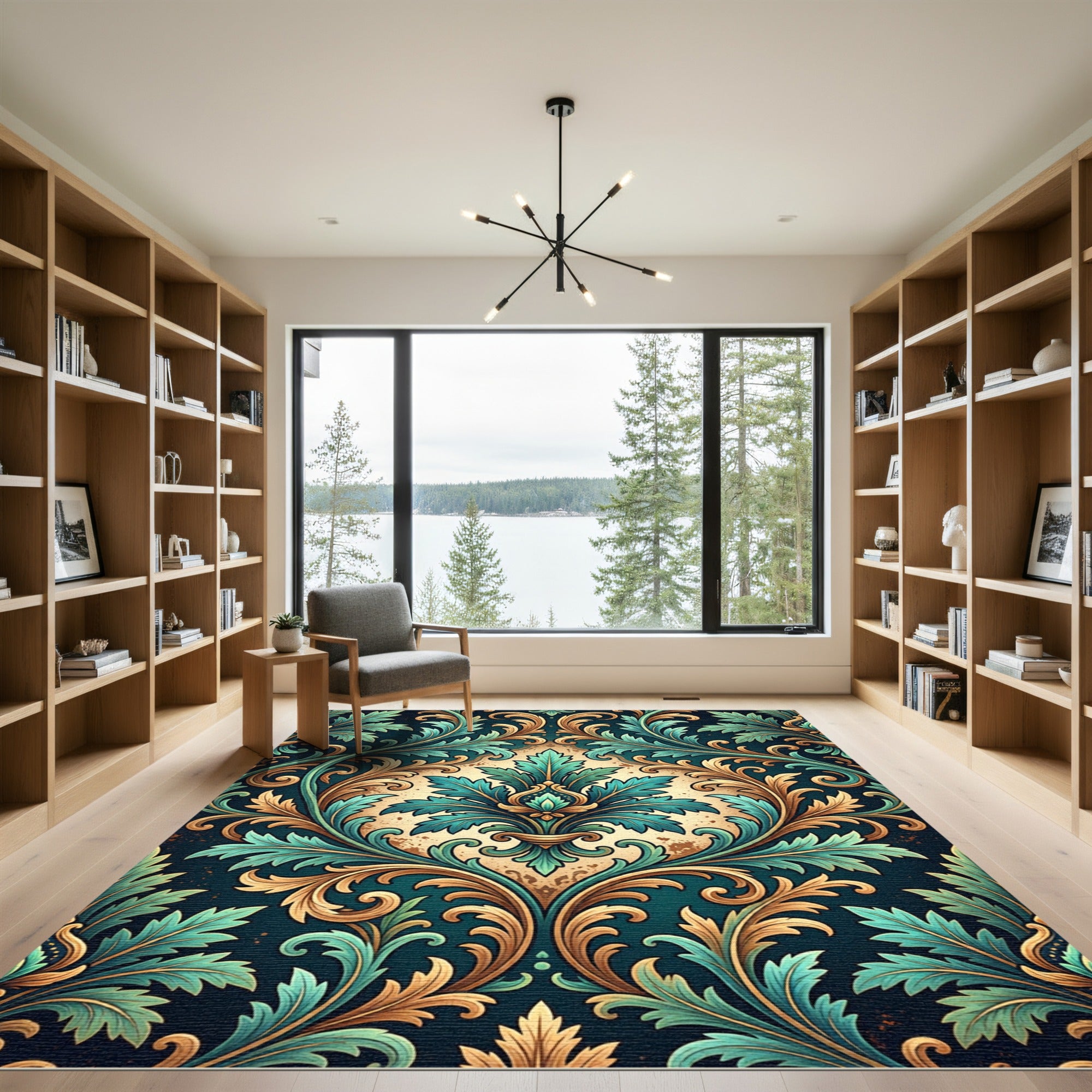 Ornate Teal Gold Acanthus Scroll Rug