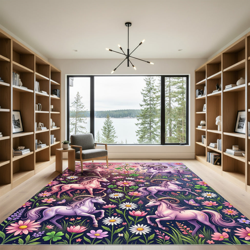 Whimsical Pink Horned Pegasus Floral Meadow Rug