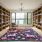 Whimsical Pink Horned Pegasus Floral Meadow Rug