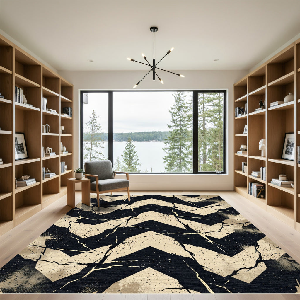 Distressed Onyx And Beige Chevron Rug