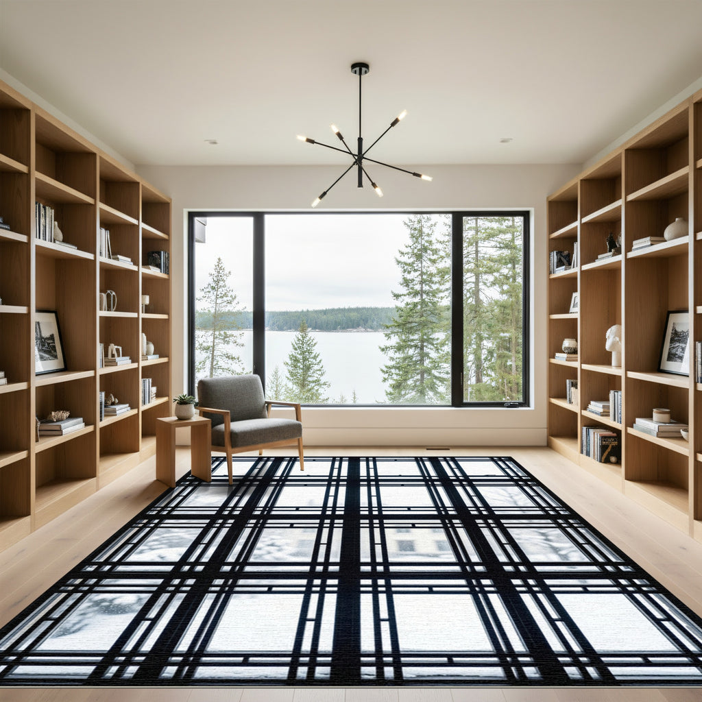 Monochromatic Black Grid Window Pane Rug