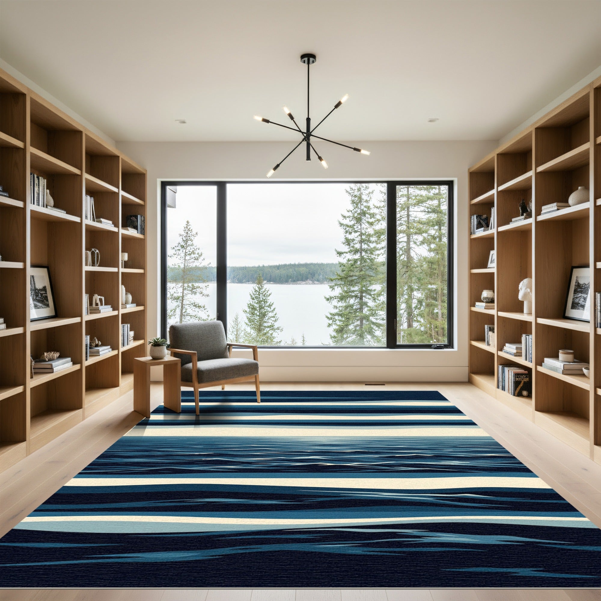 Deep Blue Abstract Horizon Waves Rug