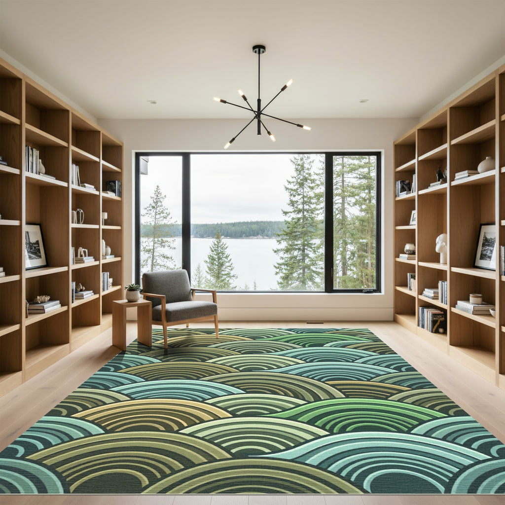 Earthy Green Blue Wave Ripple Rug