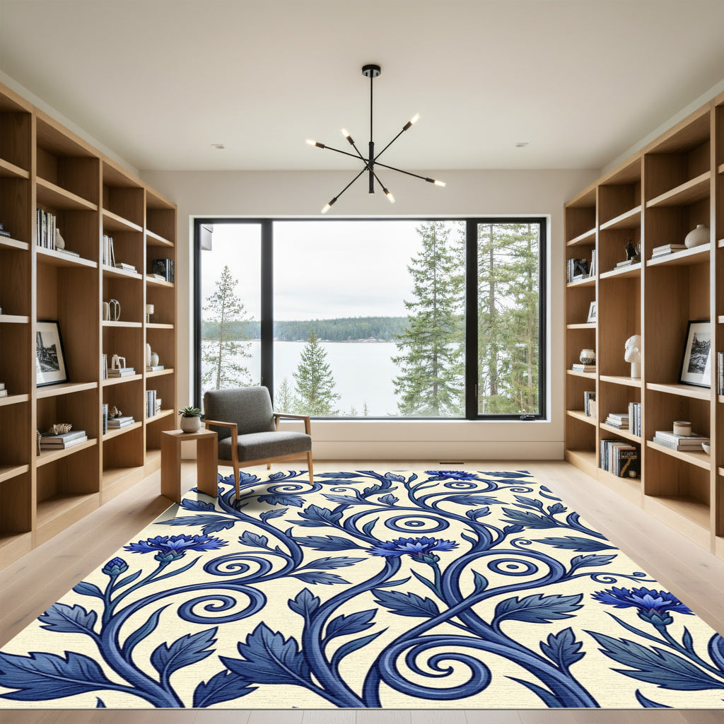 Deep Blue Floral Vine Swirl Rug