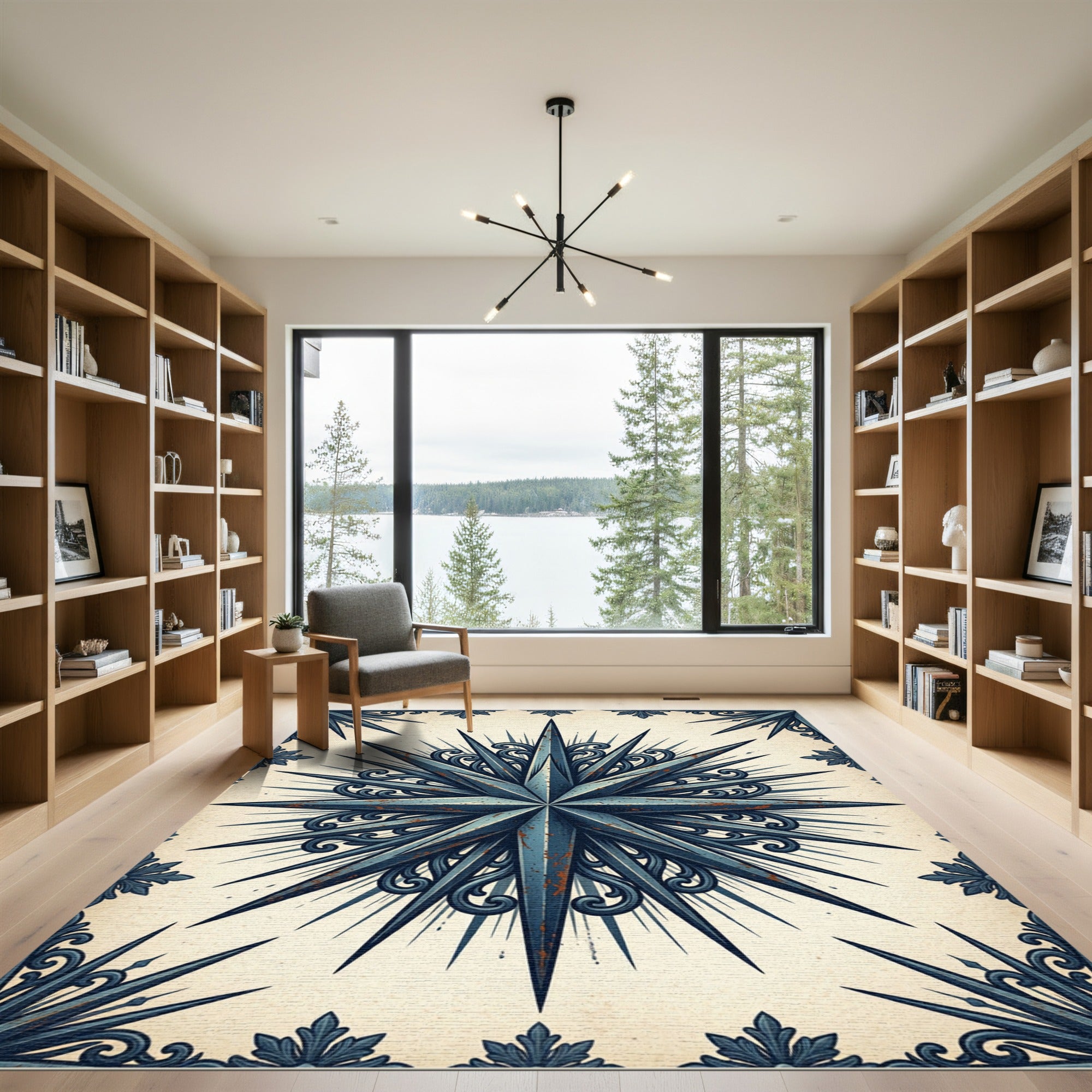 Distressed Navy Nautical Compass Star Rug