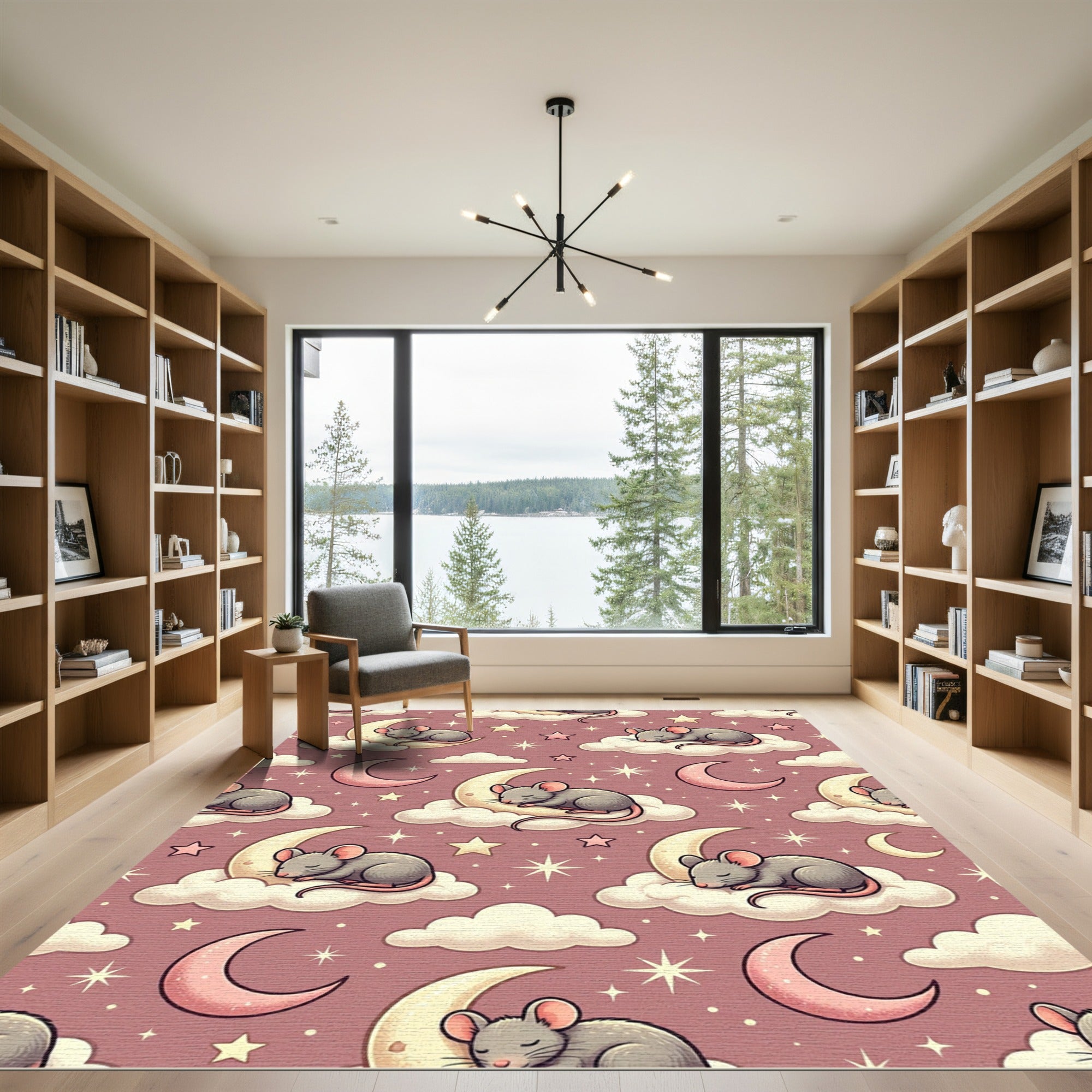 Whimsical Sleeping Mouse Celestial Crescent Cloud Rug