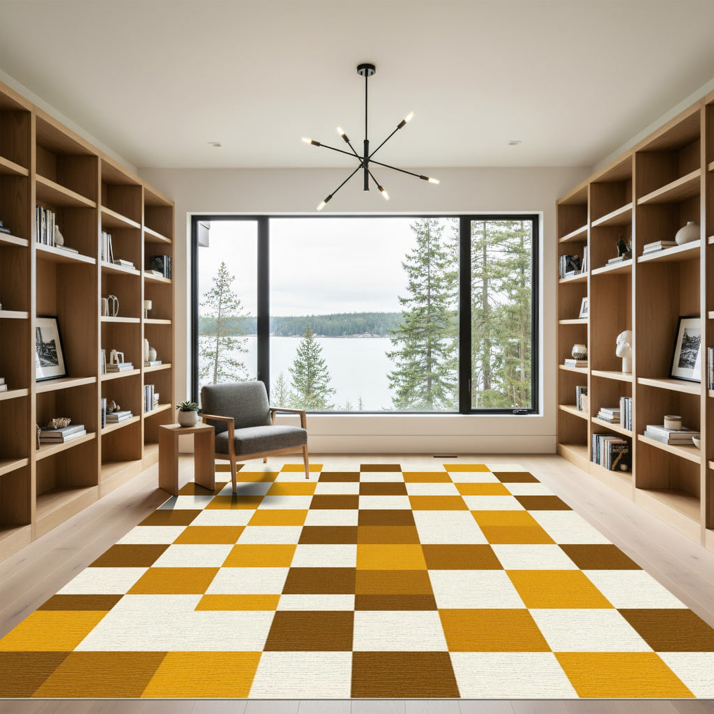 Warm Brown White Checkerboard Squares Rug