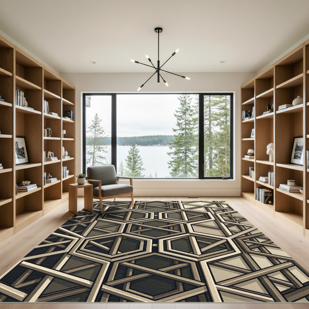 Sophisticated Neutral Geometric Hexagon Grid Rug