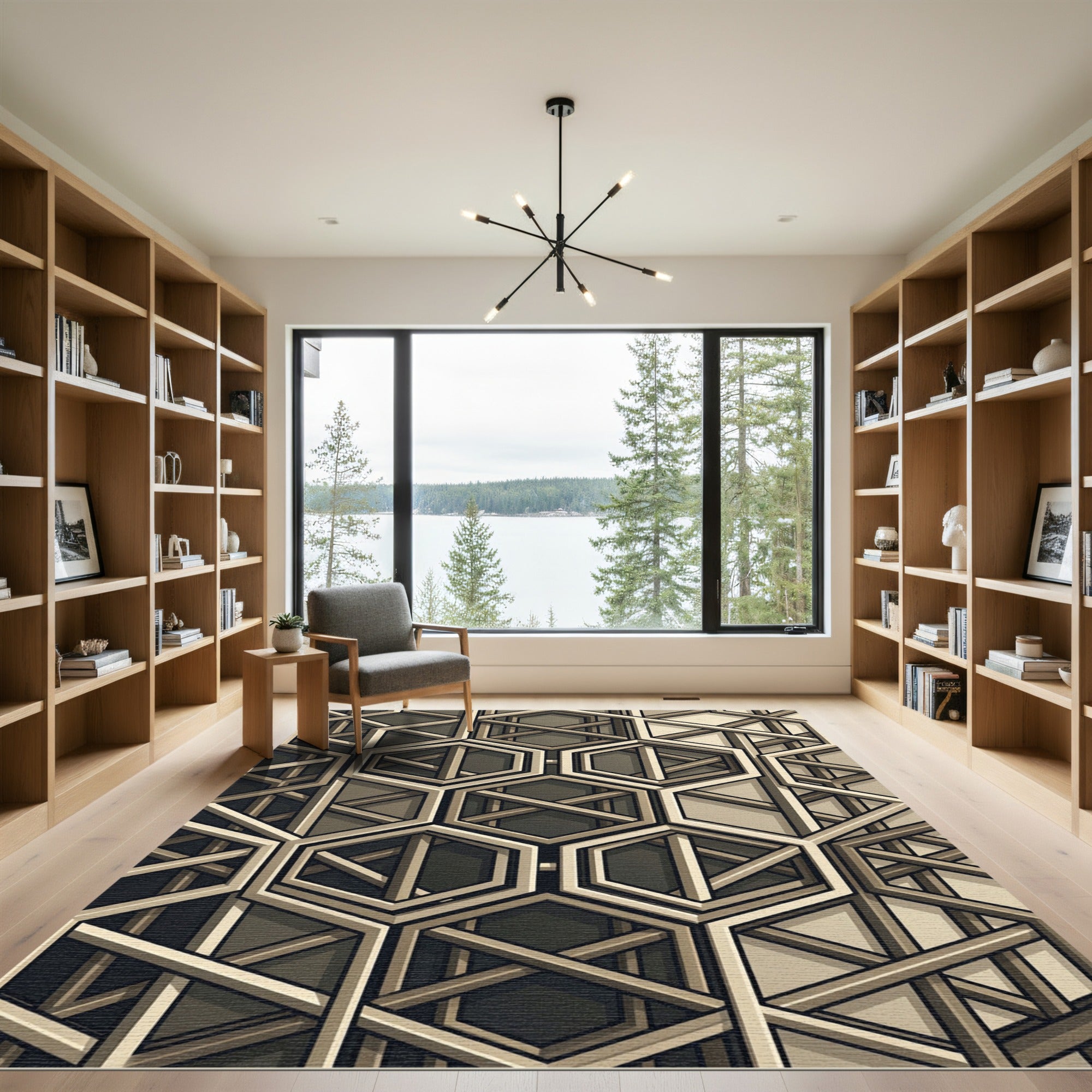Sophisticated Neutral Geometric Hexagon Grid Rug