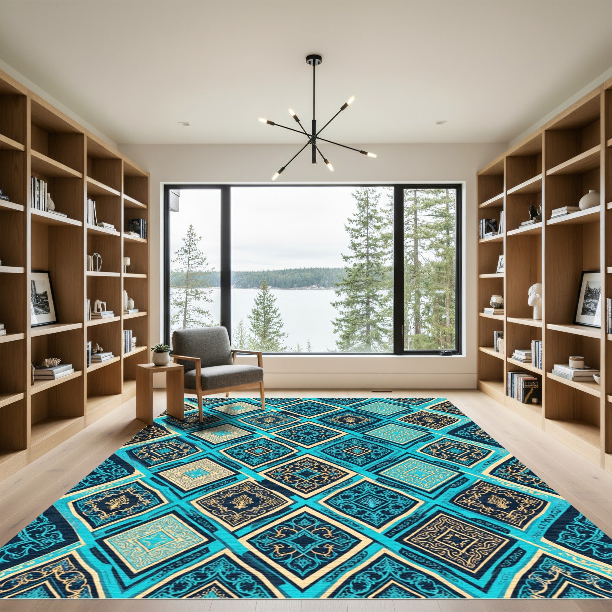 Geometric Blue and Gold Diamond Tile Rug
