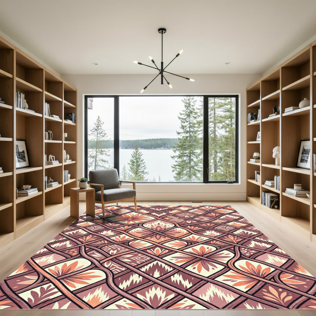 Terracotta Floral Ikat Lattice Grid Rug