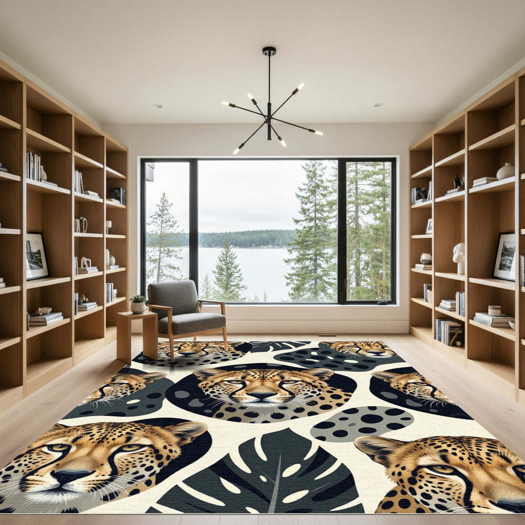 Elegant Cheetah Face Tropical Leaf Accent Rug