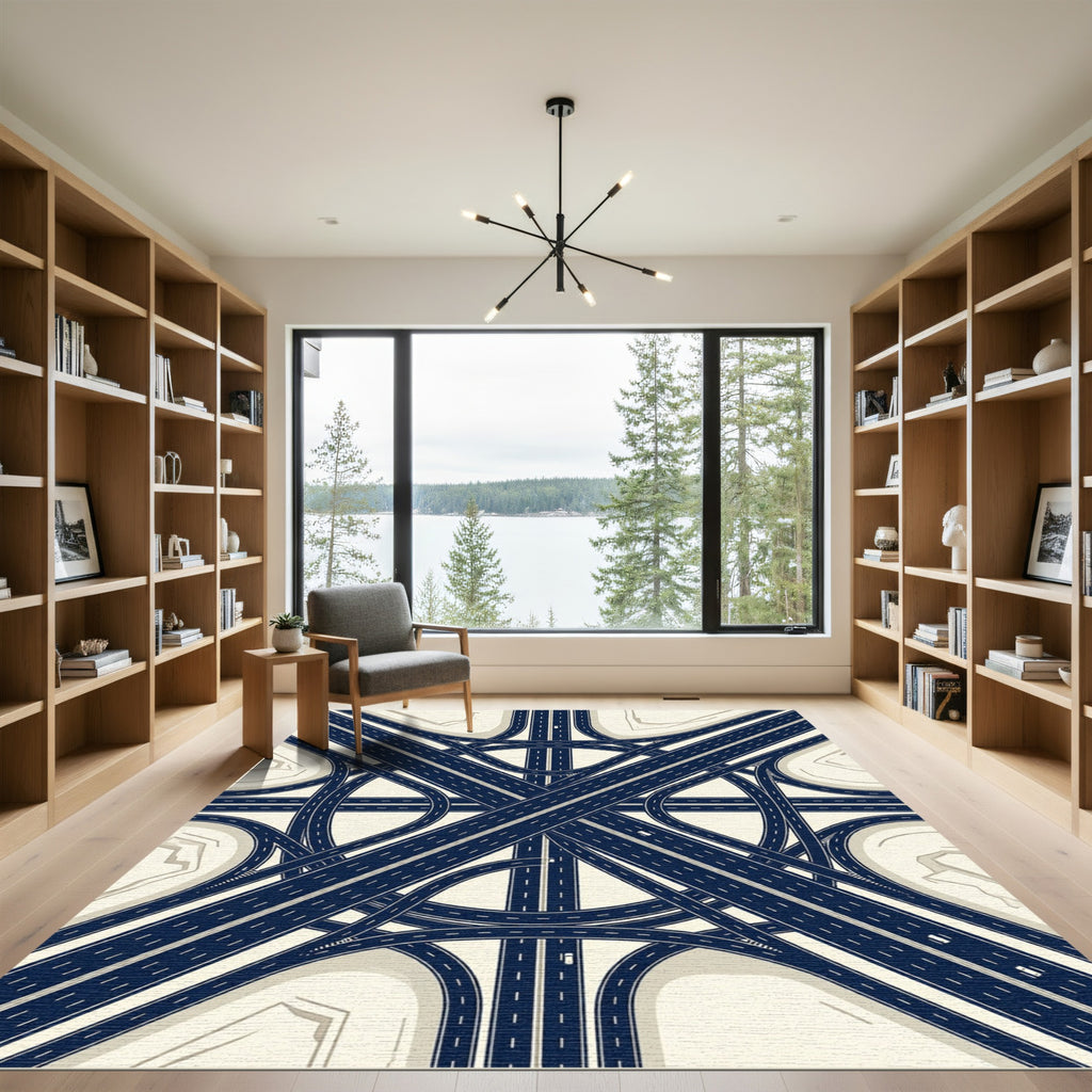 Modern Midnight Navy Highway Intersection Rug