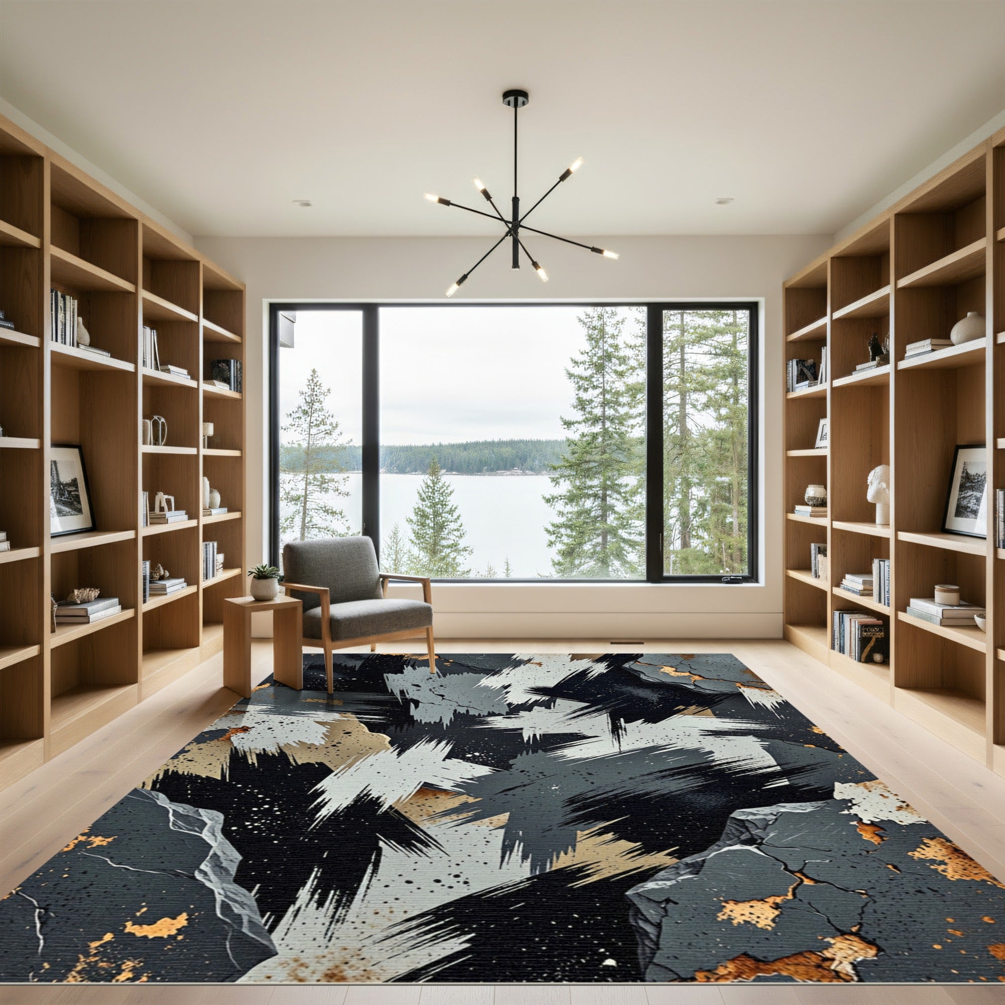 Abstract Charcoal Brushed Gold Ink Composition Rug