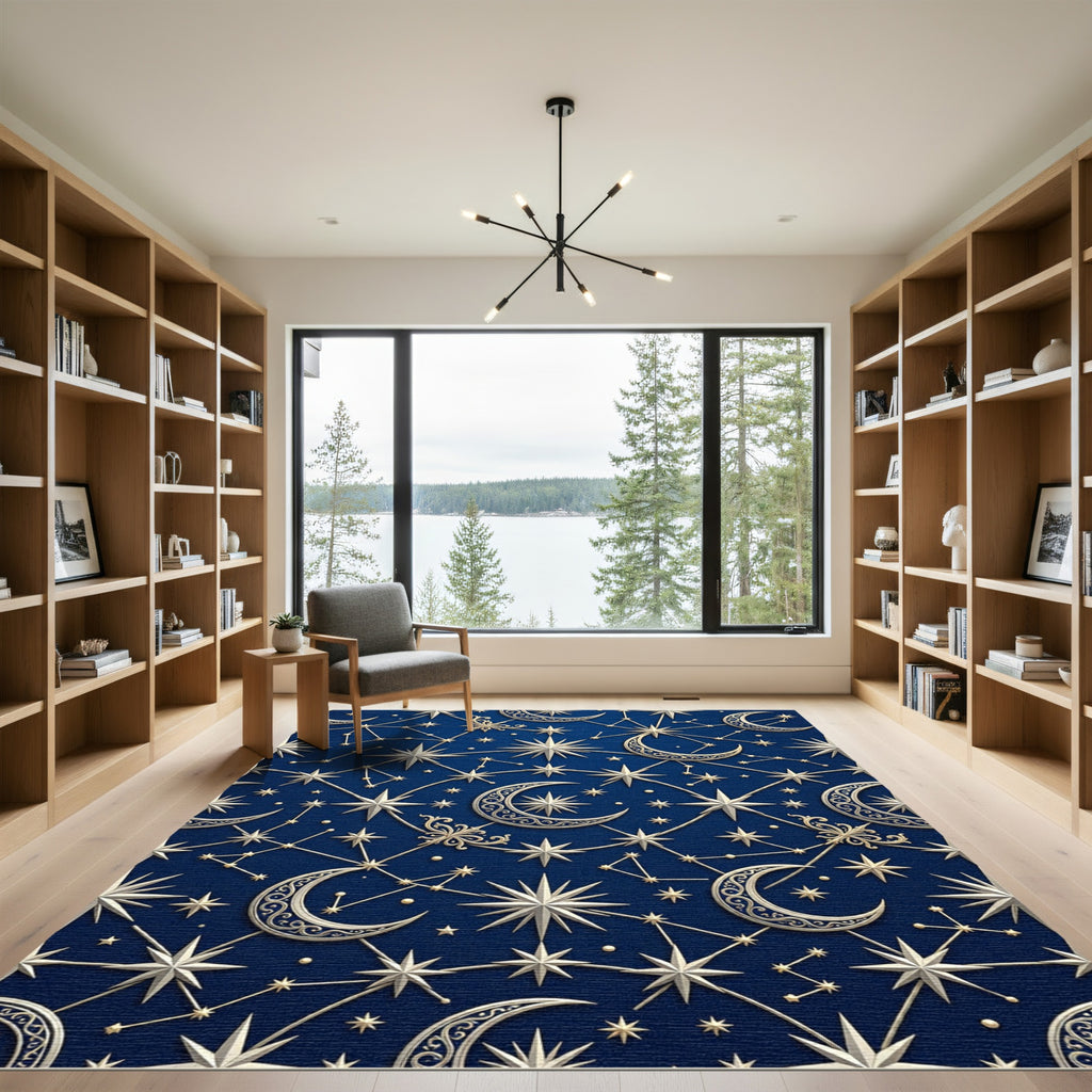 Celestial Navy Blue Golden Moon Star Rug