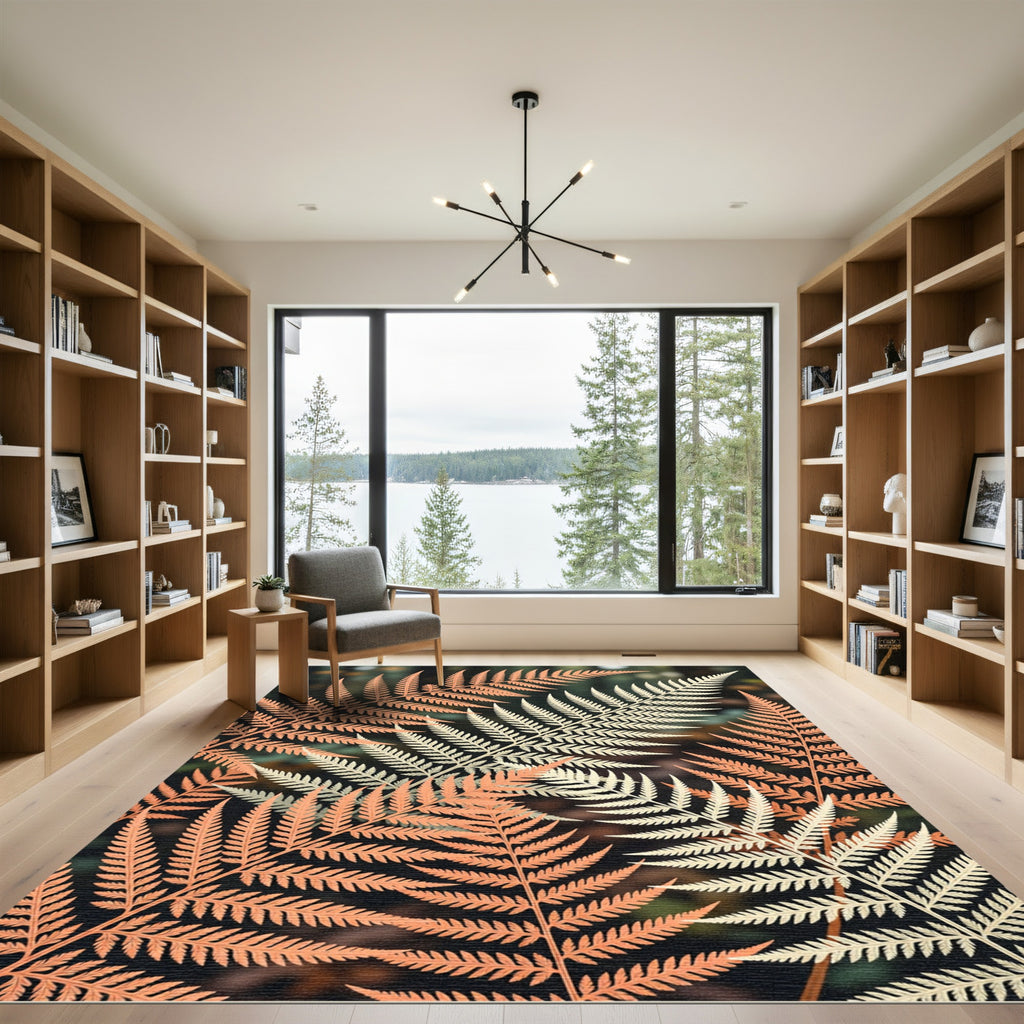 Coral Ivory Fern Frond Arrangement Rug