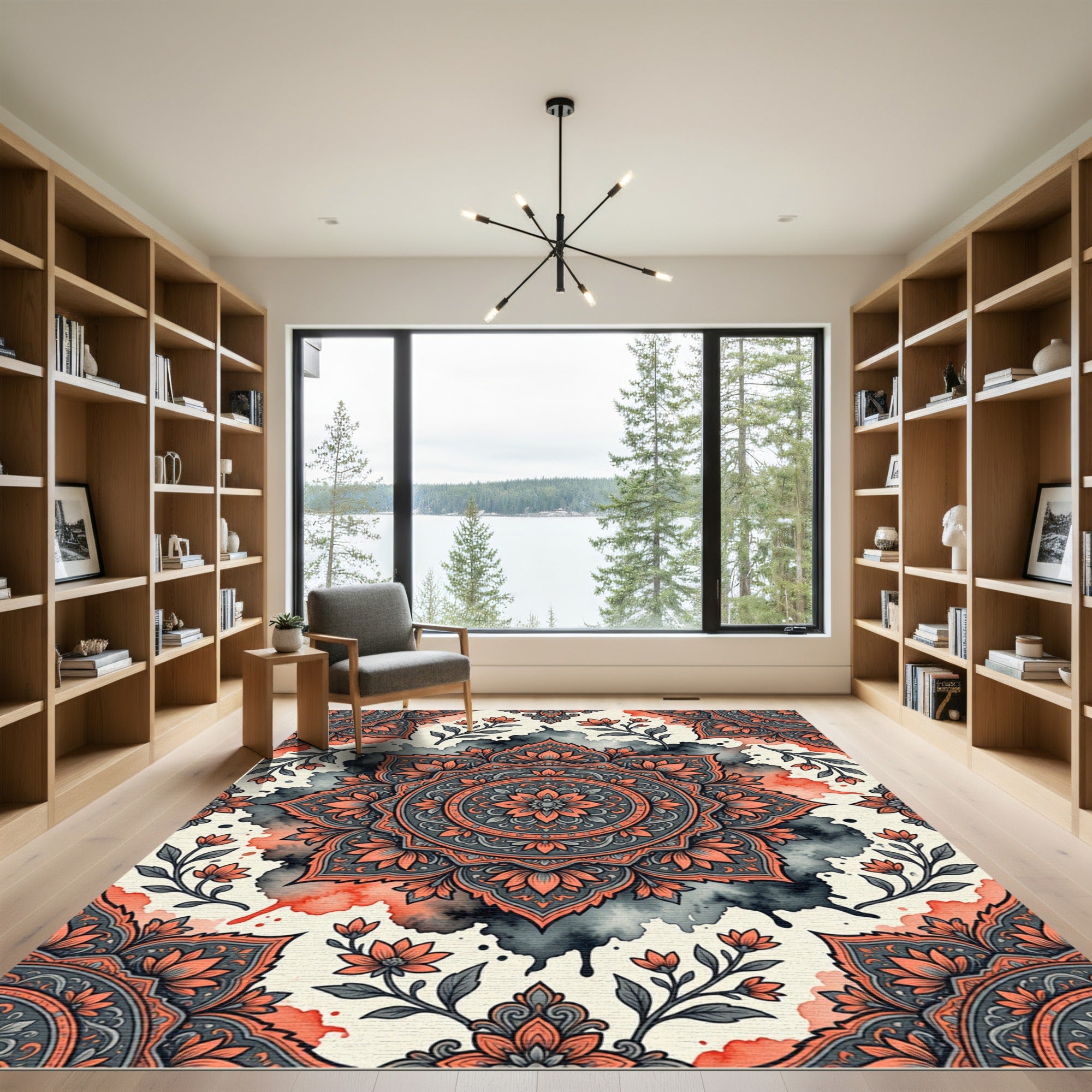 Coral Gray Floral Mandala Watercolor Splatter Rug