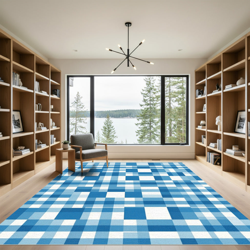Blue Geometric Checked Grid Area Rug