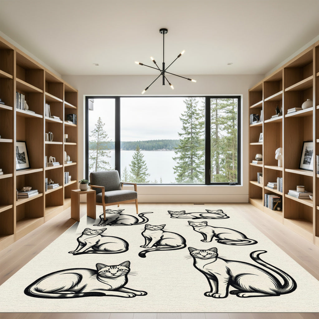 Elegant Monochrome Feline Line Art Drawing Rug
