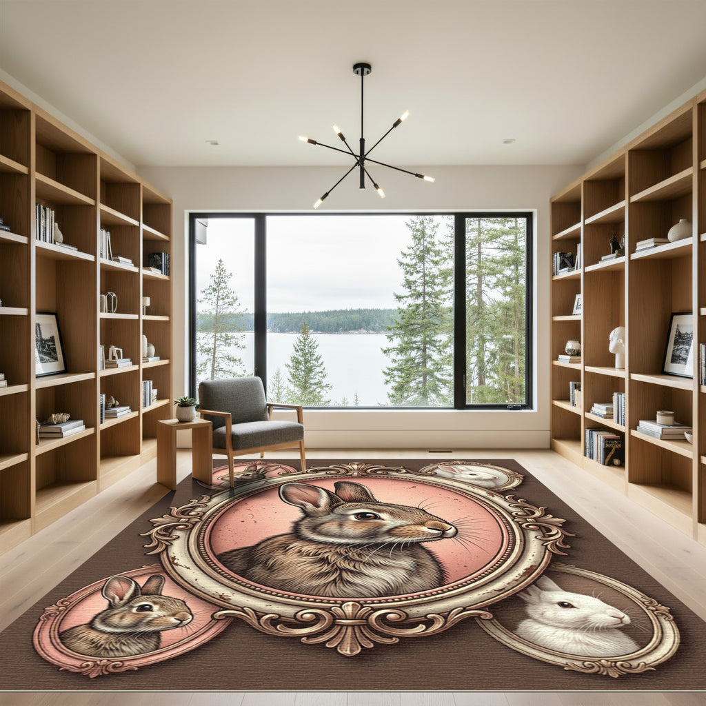 Ornate Antique Bunny Portrait Rug
