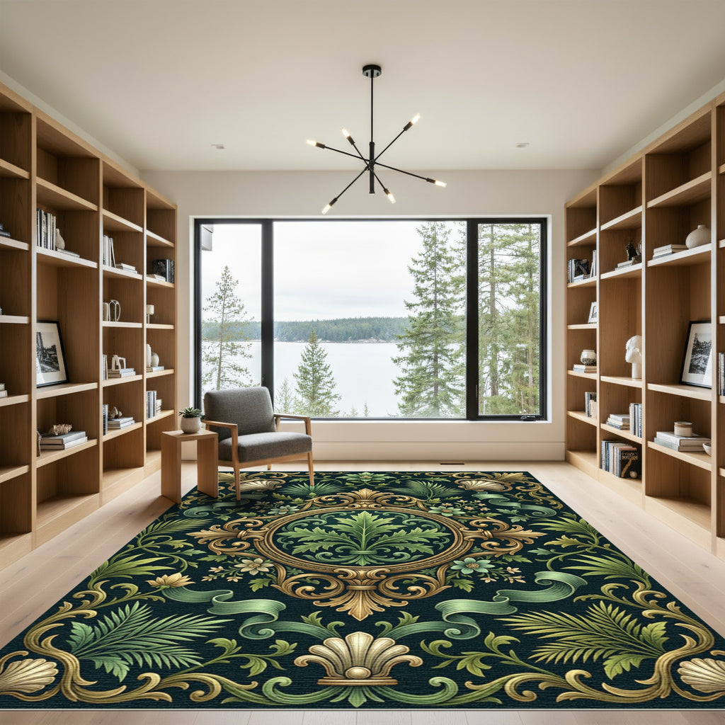 Ornate Golden Acanthus Botanical Medallion Rug