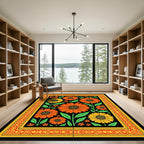 Bold Orange Yellow Floral Border Black Rug