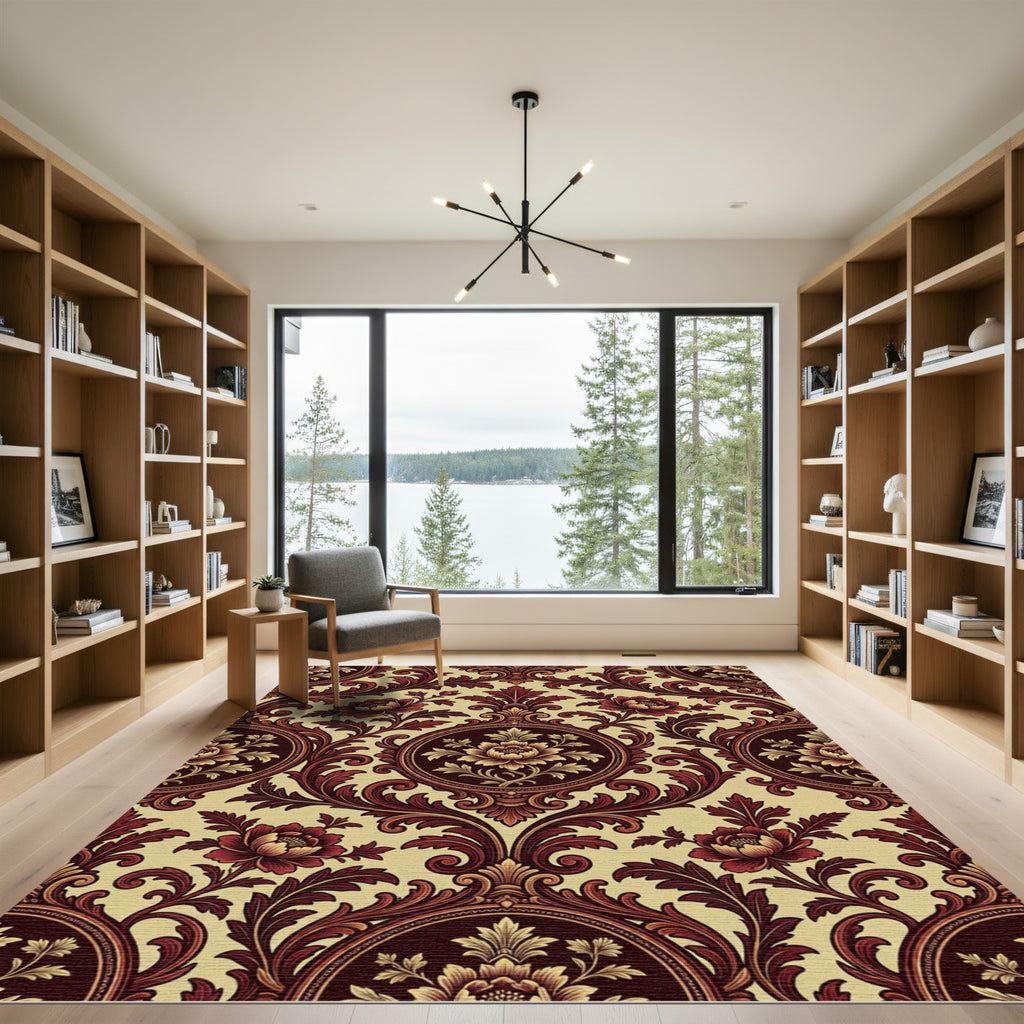 Regal Burgundy Floral Acanthus Scroll Rug