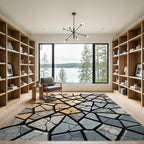 Abstract Beige and Gray Cracked Stone Rug