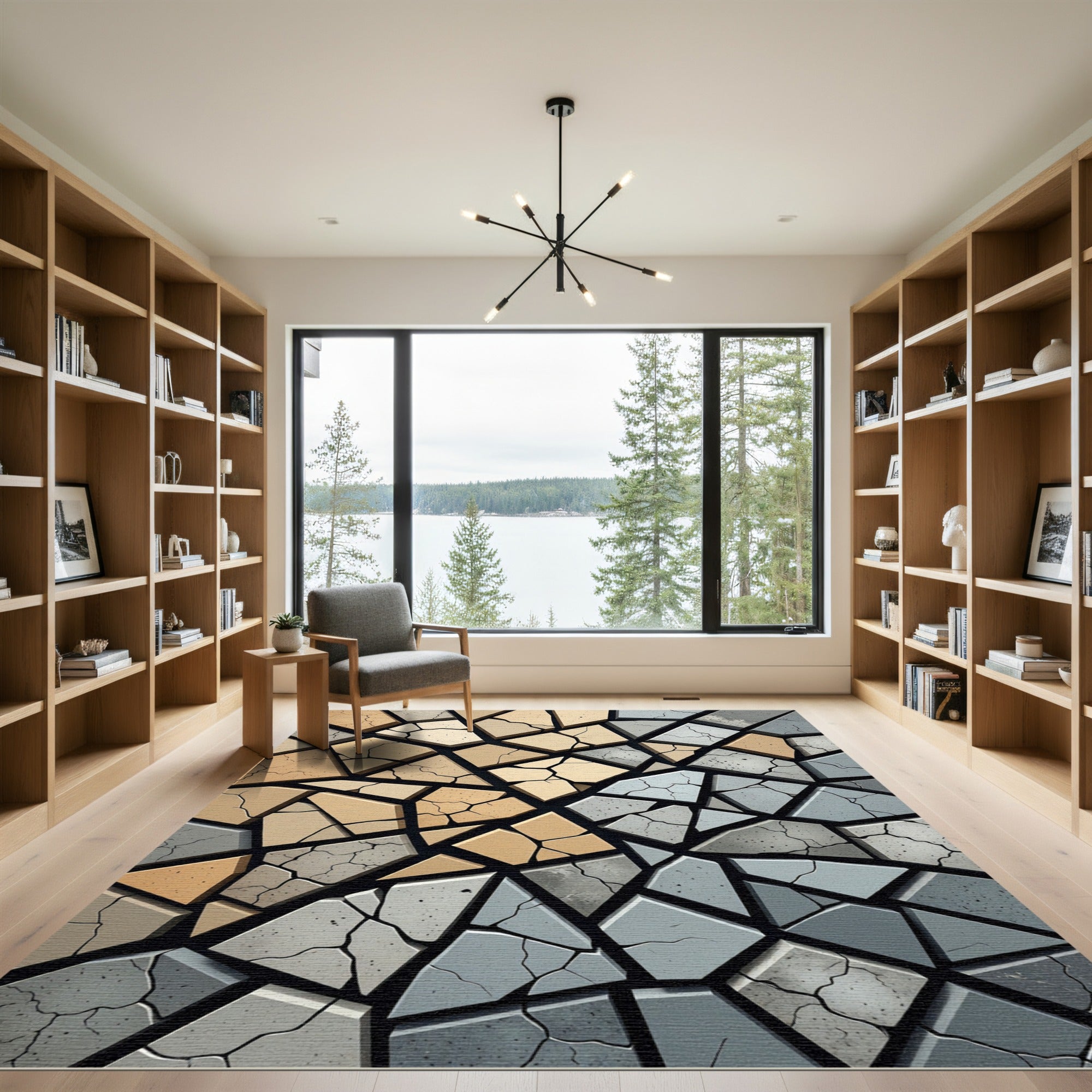 Abstract Beige and Gray Cracked Stone Rug