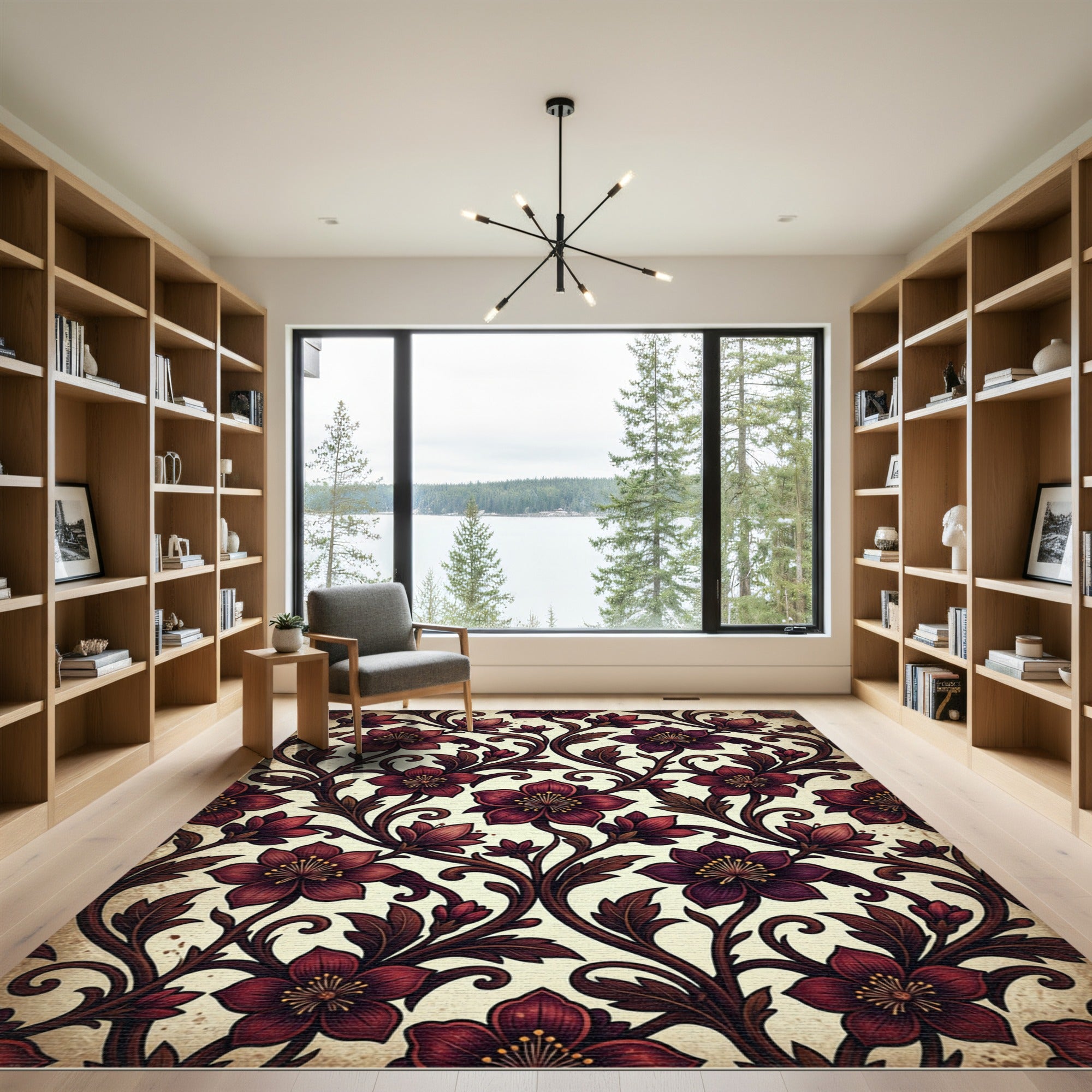 Dark Crimson Floral Scroll Art Nouveau Rug